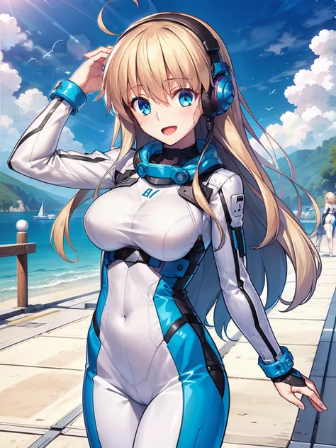 1girl, solo, breasts, looking at viewer, blush, smile, long hair, bangs, large breasts, blonde long hair, long sleeves, blue eyes, headphone,ベレー帽,:d, bodysuit, bspace, white bodysuit, blue sky,sea,summer,wind:1.3,beach, spacesuit BREAK 