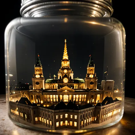 (an intricate mini-town of berlin tucked inside a square glass jar with lid), macro photography in close-up, (berlin, capital of...