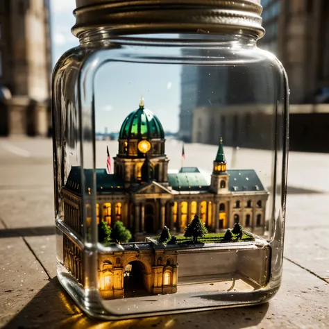 (an intricate mini-town of berlin tucked inside a square glass jar with lid), macro photography in close-up, (berlin, capital of...