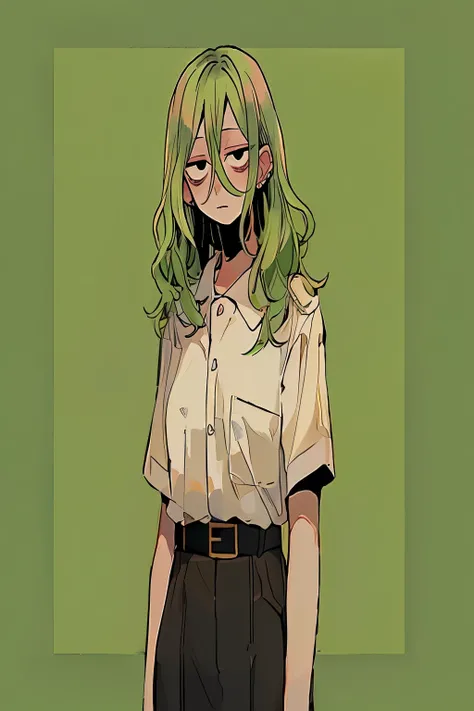 anime - style illustration of a woman with green hair and a white shirt, in an anime style, in anime style, anime style character, clean detailed anime style, anime styled, 2 d anime style, disgust, anime visual of a cute girl, in japanese anime style, ani...