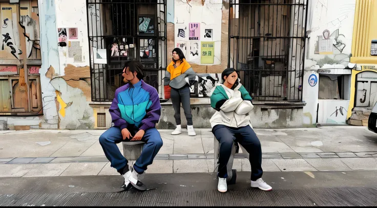 3 people posing for an old picture, 2 of them are sitting and the middle one is standing at the background, they are in a street that looks abandoned, wearing vibrant colored windbreakers and white sneakers