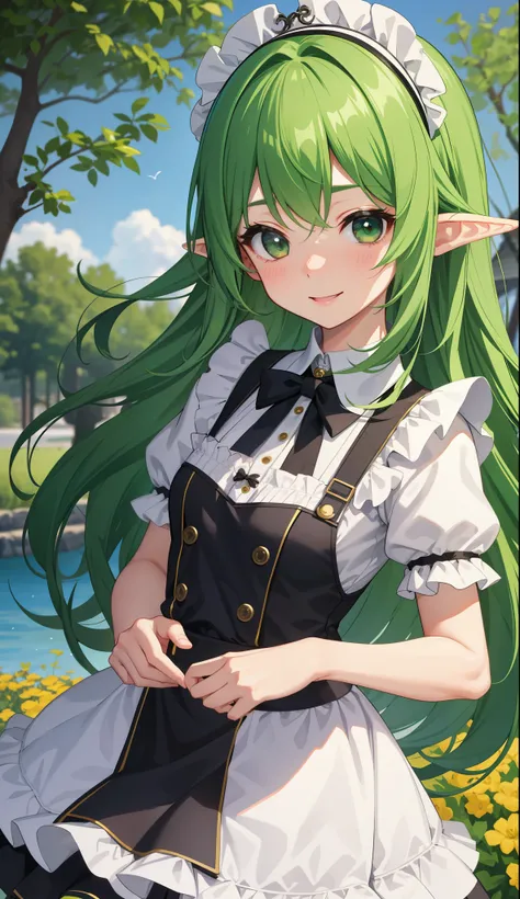 1 girl、as adult、girl、cute、shirt、skirt、apron、hair ornaments、maid、cute下着、（small breasts）（small breasts）、（upper body portrait）、、green hair、elf、、skirt、jump、smile、