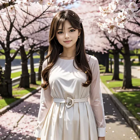 masterpiece,muste piece,highest quality,Professional quality，アニメのgirl，20-year-old,nice smile,clear eyes，standing in front of the cherry blossoms，full body shot，fluttering hair，long hair，Bright clothes，背景はCherry blossom trees，girl:4.0，Cherry blossom trees:6...