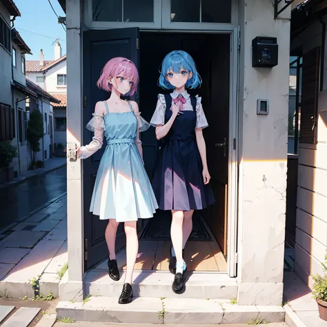 Two girls,  sad , door step, one tall with blue hair, the other a bit shorter with pink hair , 