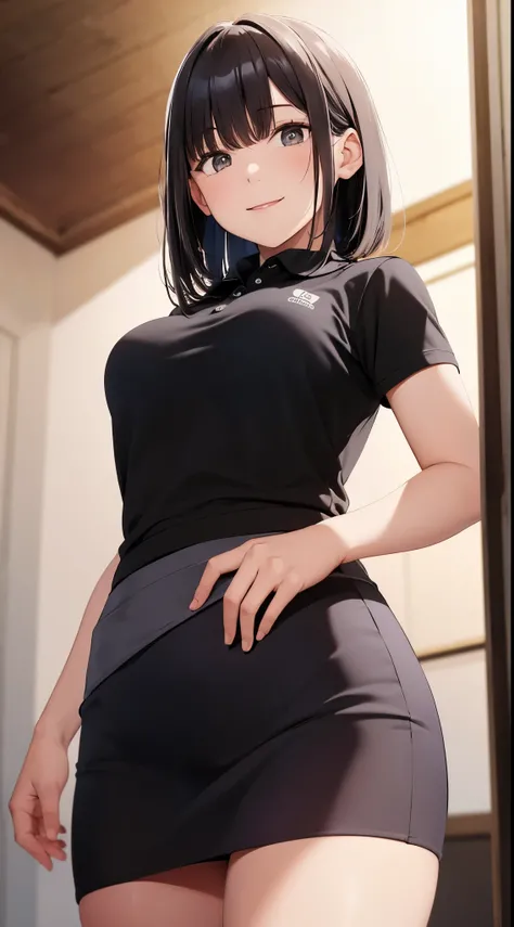 best quality, detailed face, 1girl, middle breast, smile, black polo shirt, gray miniskirt, good anatomy, looking at viewer, soft focus, cinematic lighting, depth of field, ((happy expression)), middle hair, from below side