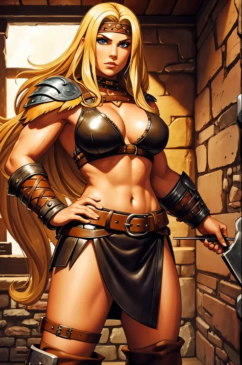 Female barbarian, blonde hair, leather skirt