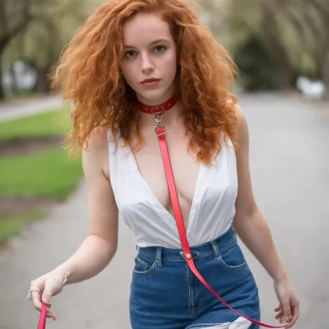 photo of a leashed redhead curly hair woman walking, collar, perfect face, masterpiece, perfect lighting, incredible detail, ful...