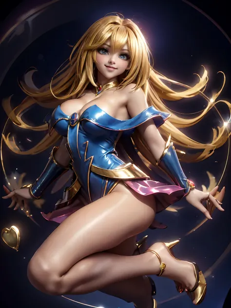 Dark magician gils en el aire, she is standing jumping, Magic hearts background. Sonrisa en sus labios. Ojos celestes. Cabello dorado. Pose sensual. Levitando en una pie. Tiene tacones. 1.1 Usa tacones azules y dorados . Usa tacones 