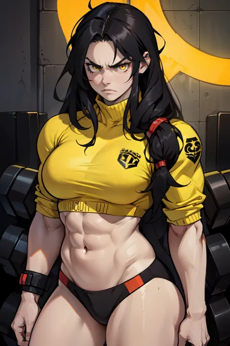 angry ((((1girl)))) (((bodybuilder))) pale skin black hair very long hair yellow eyes