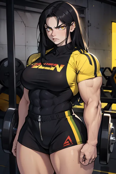 angry ((((1girl)))) (((bodybuilder))) pale skin black hair very long hair yellow eyes