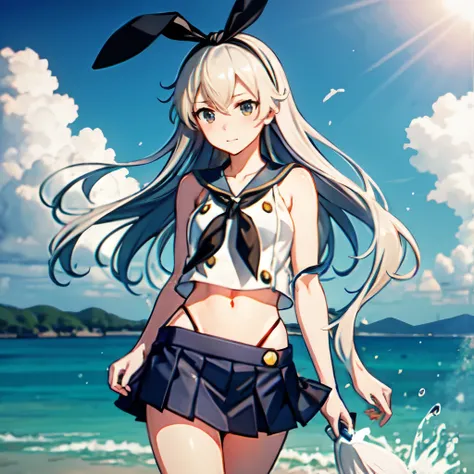 shimakaze (kancolle), abstract scene, water, anime coloring, anime art, 1girl, sleeveless, blue miniskirt, cowboy shot