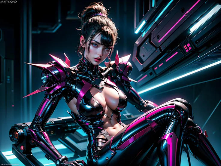 (Ultra High Definition, 16k), Android Girl with a Sensual Allure, Sleek Cyberpunk Style Defined by Sharp Lines, Slender Figure Emulating Grace, Beautiful Breasts Enhanced with Mechanized Perfection, Stunningly Beautiful Body Crafted with Precision, Mechani...