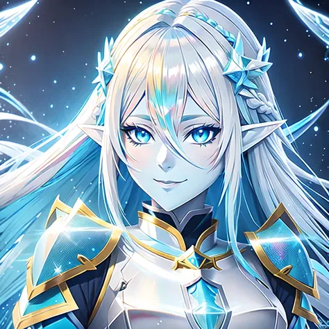 anime elf girl with long white hair, (iridescent glowing blue skin:1.3) and blue eyes, ethereal background, an anime drawing by Shitao, pixiv, fantasy art, in opal filigree armor, white haired deity, knights of zodiac girl, ice crystal armor, portrait knig...