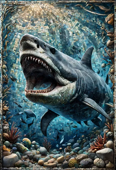 (detailed mosaic art style megalodon), vibrant colors, ocean environment, soft lighting, calm mood, close-up composition, artist...