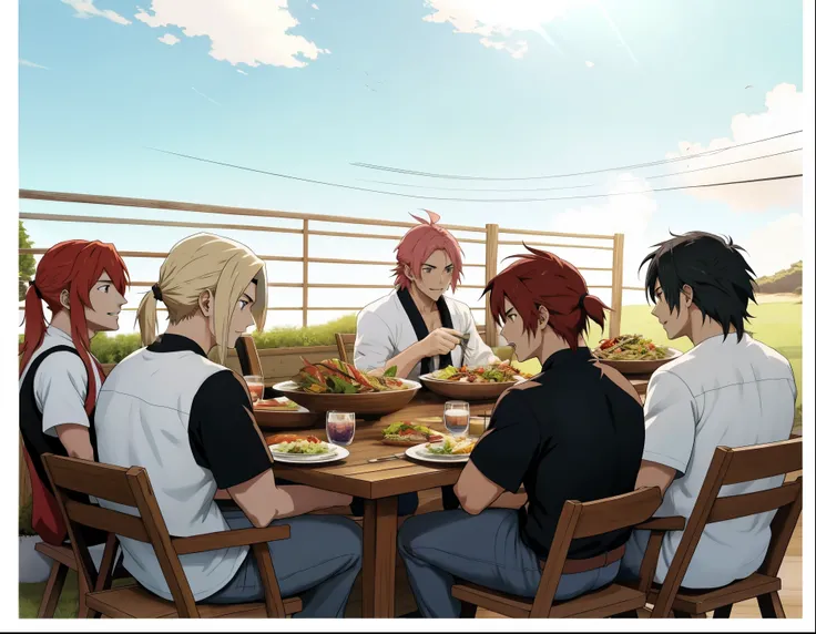 anime escenahay 4 chicos sentados compartiendo la cena