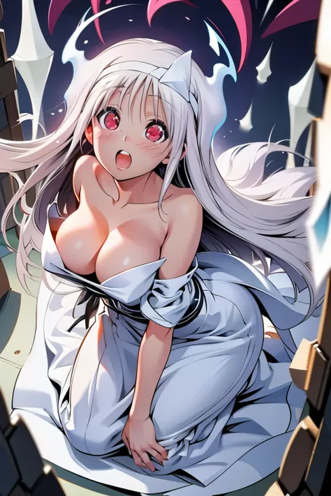 look towards the viewer, standing character, (anime coloring),(masterpiece),(best quality),(ultra-detailed),(best illustration),(absurdres),(detailed background), YUUNA YUNOHANA, LONG HAIR, (HALF CLOSED RED EYES:1.3), WHITE HAIR, CLEAVAGE, WHITE WEDDING DR...