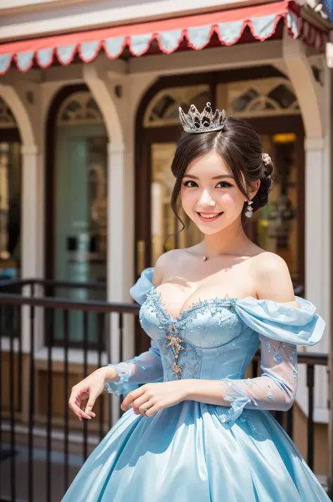 1 girl, excellence, best, wonderful face and eyes, (big round eyes:1.1), (Highly detailed beautiful face), highest quality, RAW photo, Photoreal, very detailed and beautiful, Smile, professional photos, cinematic lighting, Disneyland, cinderella princess d...