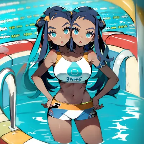 best resolution, 2heads, girl with two heads, nessa, pokemon, shocked expression, hand on hip, pool background