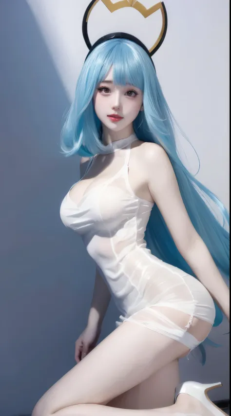 8k, surreal, masterpiece, best quality, super detailed, high resolution, random background, 1 girl, (:1.5), Yao Liu, white dress，cyan hair，translucent，whole body，High heel透明婚纱，High heel，whole body，cyan