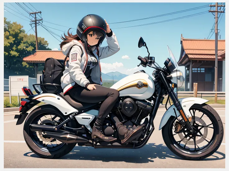 girl riding a bike、wear a half helmet、wearing a jacket,(artist: Masamune Shiro:1.5)、roadside station