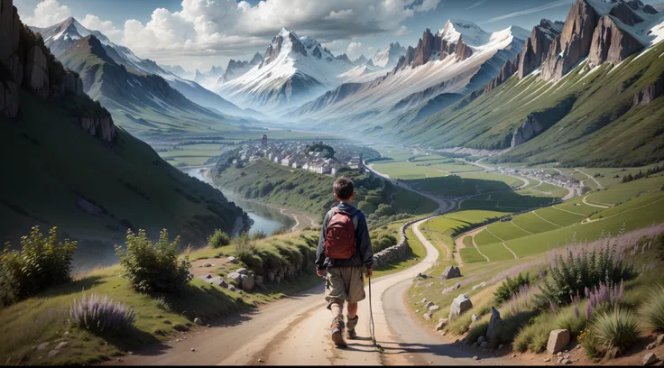 a young boy walking on a road towards a village in a valley between mountains