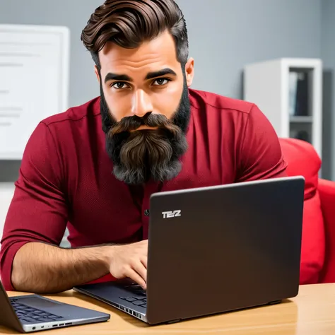 homem de barba utilizando um laptop vermelho e olhando para a tela do computador