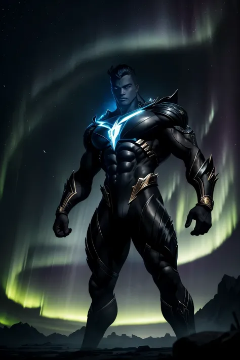 A captivating full-shot illustration of Gatotkaca, the mythological figure, in an assembled pose, standing tall against an eerie backdrop of a black lightning aurora. The intricate details of his muscular body are accentuated, as his strong posture radiate...