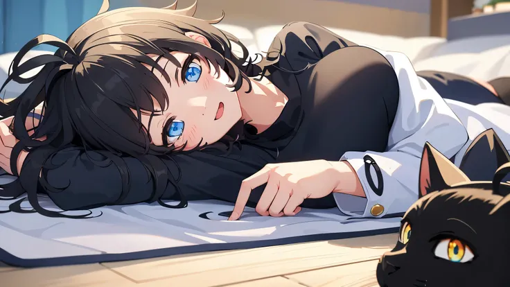 looking at the viewer, 1 girl, open your mouth, smile, Virtual YouTuber、with a girl、((highest quality, expensive_solve, clear_image)),(black hair), (black cat ears), (Ahoge), (ridiculously short hair), (wavy hair), (blue eyes),、laughter、very big breasts,ly...