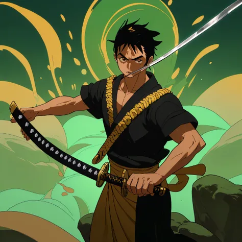 maximum quality, obra de arte, high resolution, fundo ambiente calmo, 1 menino, Men, musculoso, muito bonito, Sozinho, tronco, medium black hair, olhos intimidadores, cerca de 23 anos, asas de cor pretas em suas costas, gold katana, 