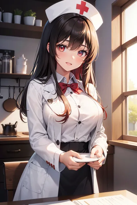 Masterpiece: 1.5, intricate detail, Photorealistic: 1.2, ultra-quality, ultra-detailed, Perfect drawing, Animesque: 0.8, charming nurse girl, beautiful alluring black woman, Smooth Anime CG Art, solo, Studying, Happy expression, Red hair: 1.0, Nurse unifor...