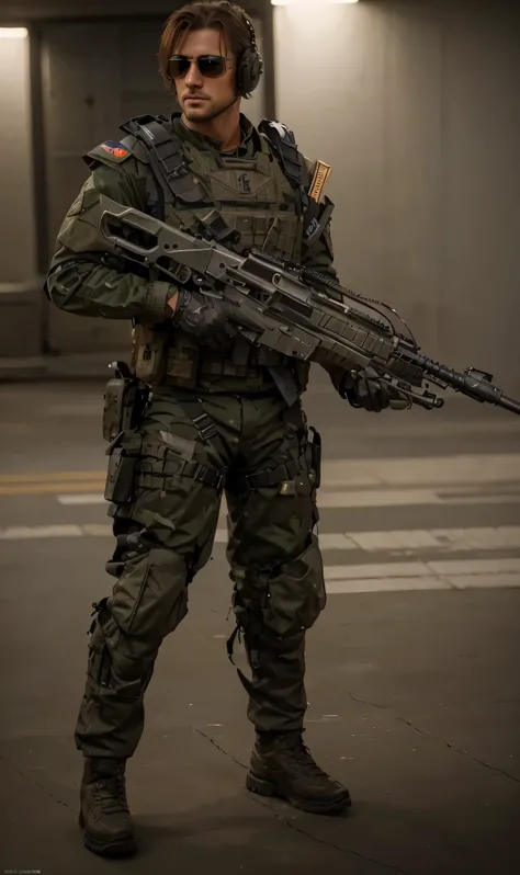 soldado masculino, cara alemana muy masculina, very short brown hair, tactical sunglasses, uniforme militar azul oscuro, chaleco antibalas de metal con hombreras de metal, cinturones con municiones, carries a heavy laser rifle, botas militares, cinturones ...