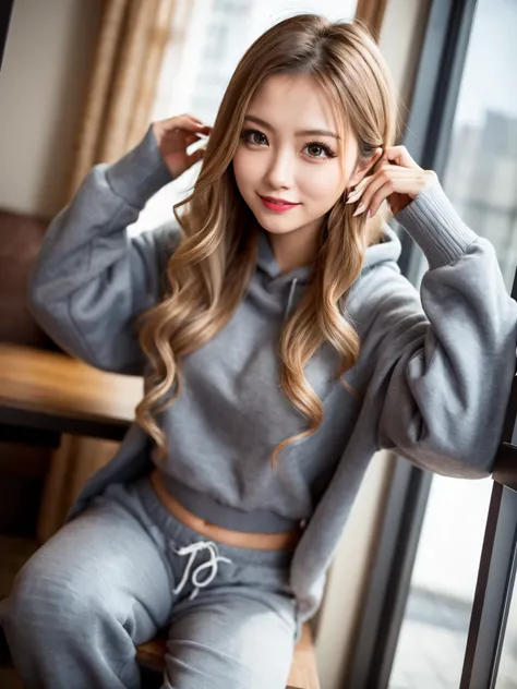 (Raw photo,realisitic, Photorealsitic: 1.4, masterpiece, best quality), 8K, 1 Beautiful Japanese gal, solo, 20years old, Charming Smile, Pretty Medium breasts, Beautiful detailed round eyes, Drooping Eyes1.4, Long blonde hair, wavy hair, (Highly Detailed F...