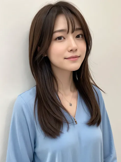 (Highly realistic photos, High resolution, detailed face, fine eyes), ((Taken in front of a white wall))、japanese woman, 40 years old, various expressions, alone:1, slim figure, different hairstyles, casual clothes, Only one person appears in the photo、lon...