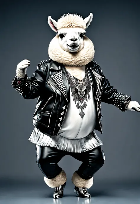 photorealistic portrait of Dressed animals - a ((fat)) white alpaca punk-rocker, (full body image:1.5), (dancing action pose:1.5), Wearing a tailored black leather jacket featuring intricate silver stud patterns reminiscent of sacred symbols, adorned in a ...