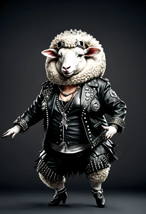 photorealistic portrait of Dressed animals - a ((fat)) sheep punk-rocker, (full body image:1.5), (dancing action pose:1.5), Wearing a tailored black leather jacket featuring intricate silver stud patterns reminiscent of sacred symbols, adorned in a modern ...