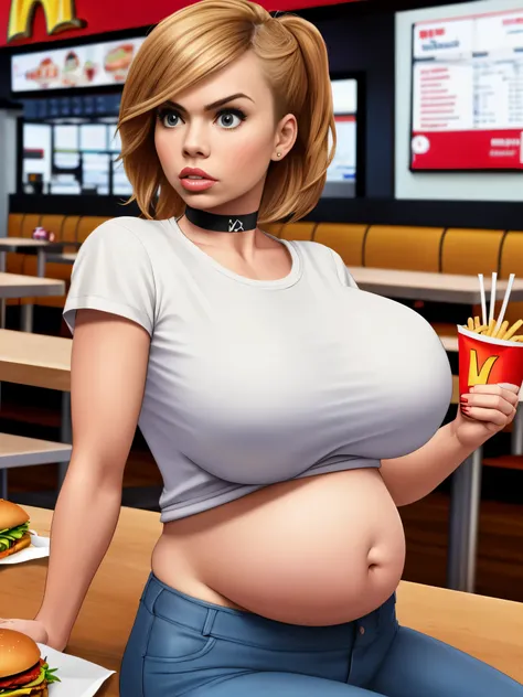 Billie Piper, masterpiece quality, realistic, lots of detail, in a McDonald’s, in a busy fast food restaurant, wearing leather jacket, wearing white t-shirt, (white t-shirt:1.5), wearing blue jeans, wearing choker collar, shirt hair, sexy pose, hamburgers ...