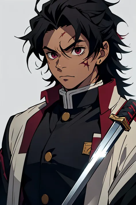 black young man, normal face, bored face, black hair, messy hair, scar on face, demon slayer uniform, strong, sword, young man