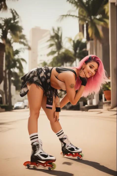 foto corpo inteiro de {uma jovem de 35 anos, sem tatuagem, parecida com Kylie Jenner e Ariana Grande, sorridente, Brasileira, ruiva, usando roupas leves,camiseta toda branca, short preto, Foot skates,} totalmente coberto, hiperrealismo, 8k hd, Textura ultr...