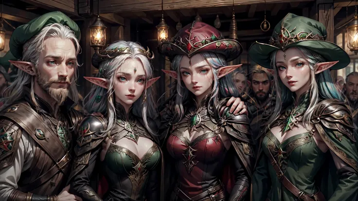 elf girl, inside a tavern , people in background men and women having fun, different expressions , different outfits coats capes, shirts,medieval clothes, hats , laughing different color hair black red green pink,different color eyes, red green yellow ,men...