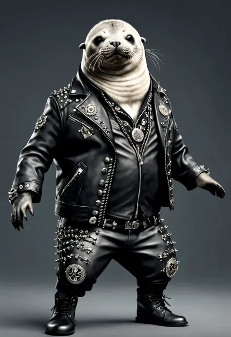 photorealistic portrait of Dressed animals - a ((fat) seal punk-rocker, (full body image:1.5), (dancing action pose:1.5), Wearing a tailored black leather jacket featuring intricate silver stud patterns reminiscent of sacred symbols, adorned in a modern pu...