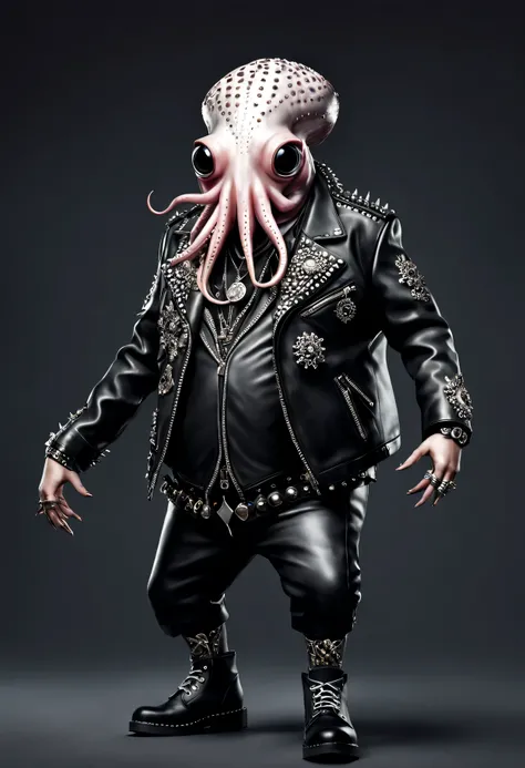 photorealistic portrait of Dressed animals - a ((fat) squid punk-rocker, (full body image:1.5), (dancing action pose:1.5), Wearing a tailored black leather jacket featuring intricate silver stud patterns reminiscent of sacred symbols, adorned in a modern p...