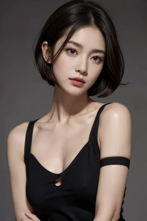 Tight black top:1.2, looking at the audience, light, perfect, soft light, High resolution skin:1.2, Realistic skin texture, 30 years old adult、small face、No makeup、, Off the shoulders,Bust B cup、 Naked trench, red eyes, short hair, dark brown hair,gray bac...