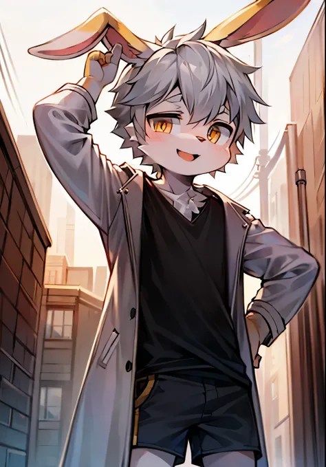 bunny boy，bunny ears，Characteristics of a three-year-old boy，male focus，furry men ，Furry Shota，Bright Eyes，gray hair，One meter six height，T-shirts，coat，shorts，Standing posture，happy