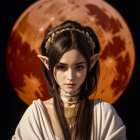 ((hyperrealistic, photorealistic, intricate details, full HD, maximum quality)) a dark elf, sexy, horny, hot, full breasts, full lips, silky pale skin, flowing black hair, with funereal flowers in her hair, beautiful eyes, with a red full moon behind her h...