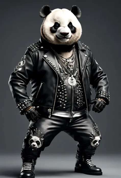 photorealistic portrait of Dressed animals - a ((fat) panda punk-rocker, (full body image:1.5), (dancing action pose:1.5), Wearing a tailored black leather jacket featuring intricate silver stud patterns reminiscent of sacred symbols, adorned in a modern p...