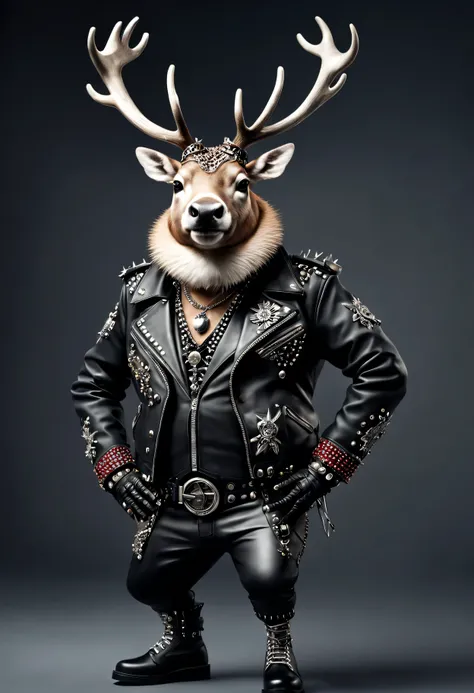 photorealistic portrait of Dressed animals - a ((fat) reindeer punk-rocker, (full body image:1.5), (dancing action pose:1.5), Wearing a tailored black leather jacket featuring intricate silver stud patterns reminiscent of sacred symbols, adorned in a moder...