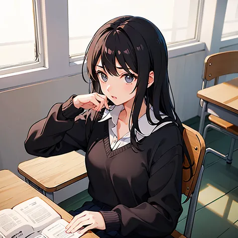 1 girl,black hair, school uniform, indoor, classroom, During class、study、thinking、sit at desk