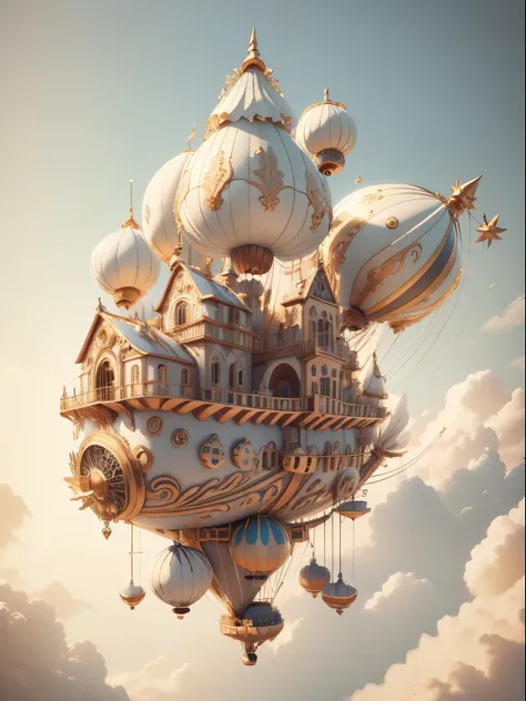 fairytaleai airship, hot air balloon, airship zonaiiai,, ao ar livre, nuvens,, obra-prima, trend, 8k, the scene includes magical...