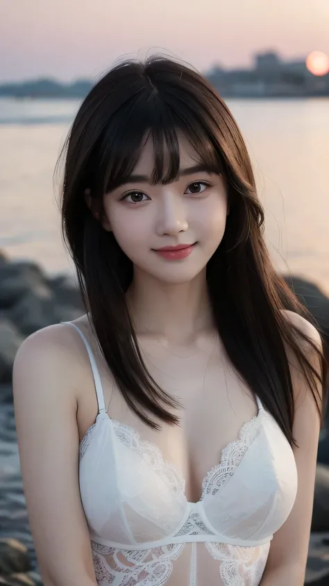 high quality、Realistic and photo-like、as long as that happens&#39;Dont be an NSFW、15 year old beautiful girl、See-through long black dress、A faintly visible body line and white lace underwear.、Seaside at sunset、Black hair smiling shyly、have bangs、Fair skin、...