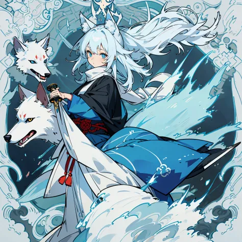 girl wolf hair blue flame in the eyes wrapped in an aura Japanese sword